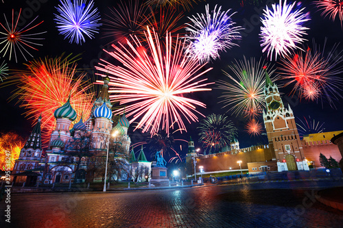 Saint Basil cathedral and Kremlin with fireworks