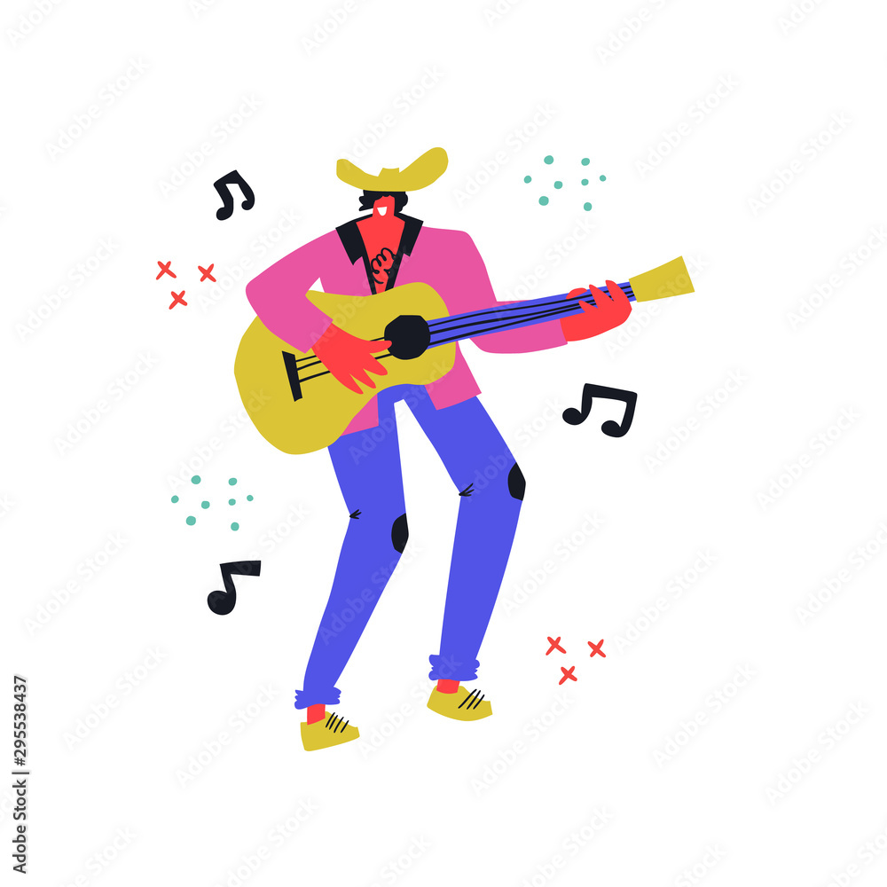 Country singer with guitar flat vector illustration. Male rock star on music festival cartoon character. Guitarist playing melody scandinavian style. T shirt print, poster design element