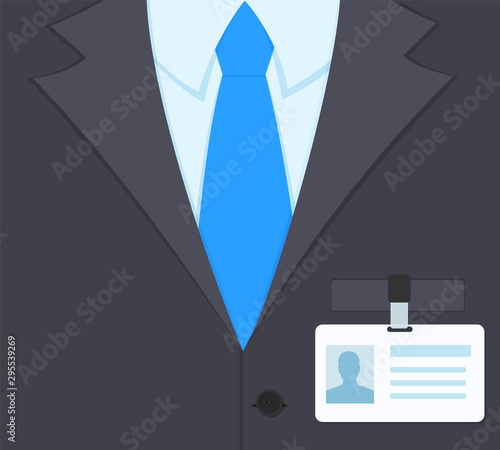 Businessman torso in classic suit and tie with id badge holder strap clip on his chest. Flat style vector illustration.
