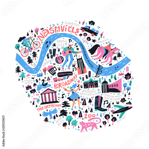 Nashville map flat hand drawn vector illustration. USA state journey doodle map isolated on white background. City attractions and nature landmarks cartoon drawings. American tourism poster design photo