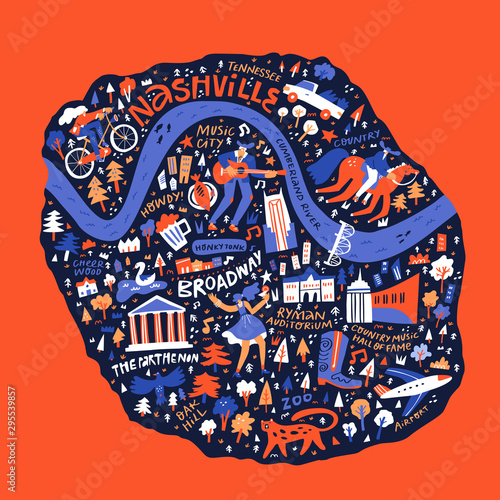 Nashville cultural map hand drawn vector illustration. US journey doodle map isolated on red background. Nashville traditional symbols and landmarks cartoon drawings. American tourism poster design