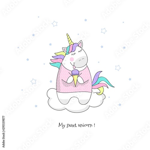 Vector illustration of magic cute unicorn with ice cream, children's print on t-shirt. Cute cartoon style doodle unicorn with quote. © Irina