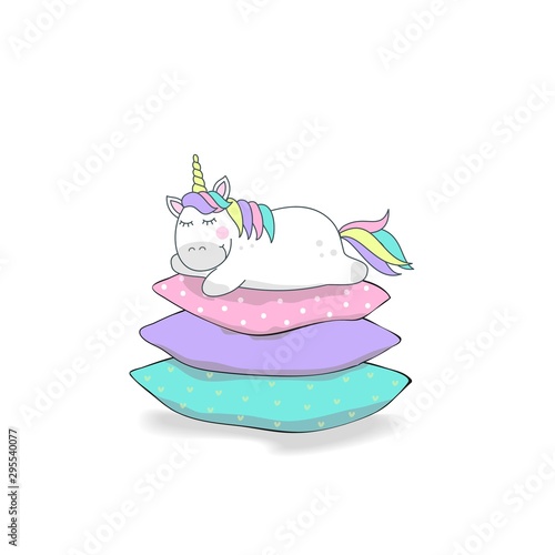 vector illustration of cute unicorn sleeping on pillow, baby print on t-shirt