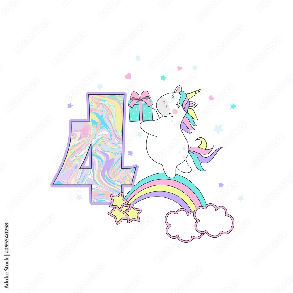 vector illustration of a cute unicorn with balloons, number four, birthday card