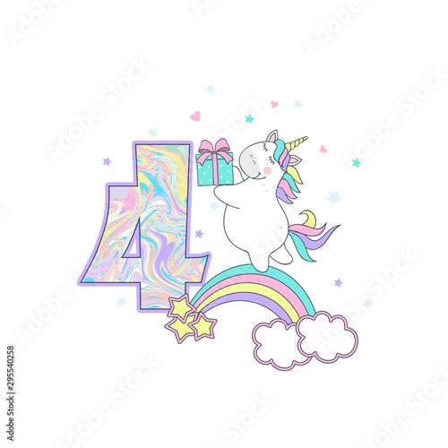 vector illustration of a cute unicorn with balloons, number four, birthday card