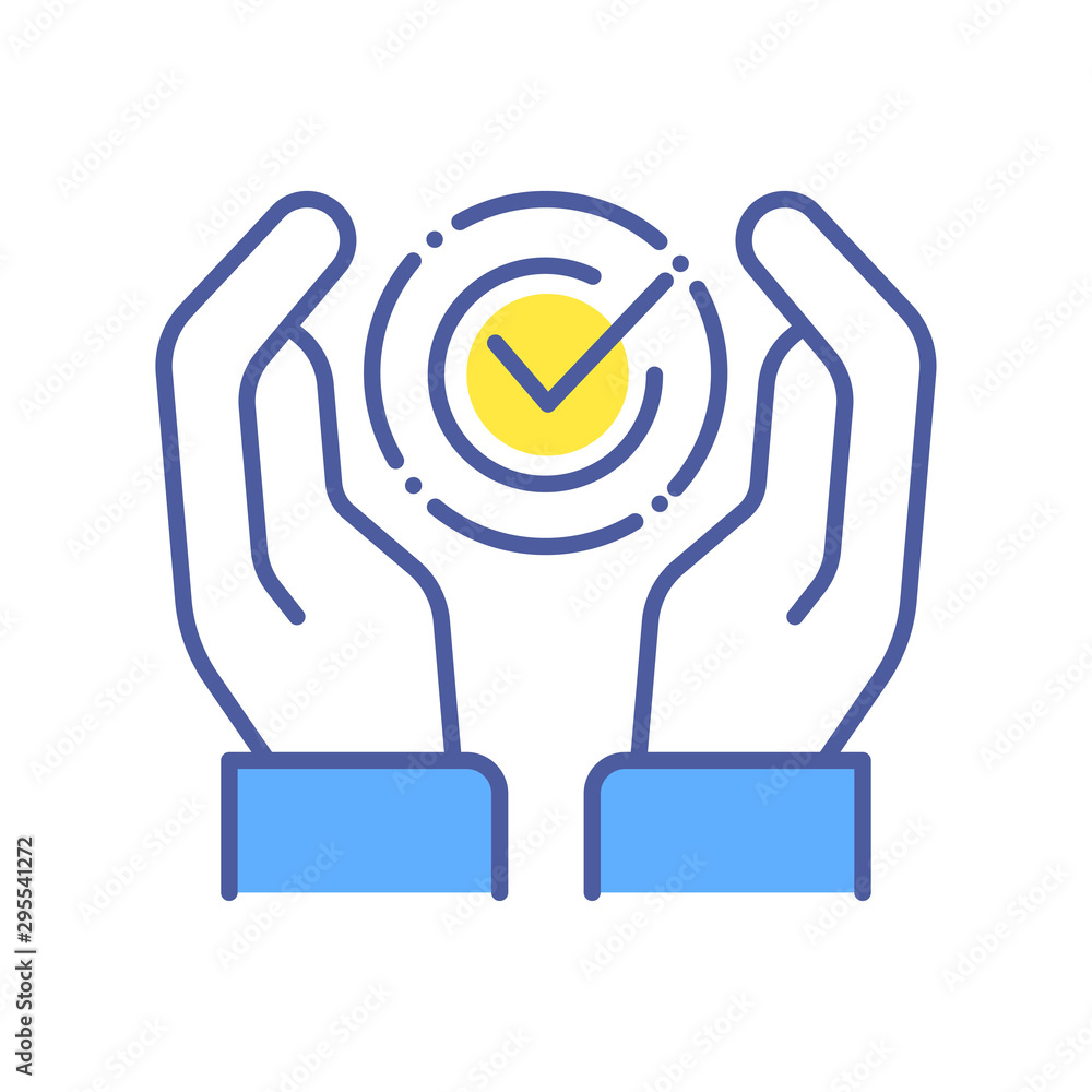 Approved color line icon. Hands holding agreement check mark concept. Sign for web page, mobile app.