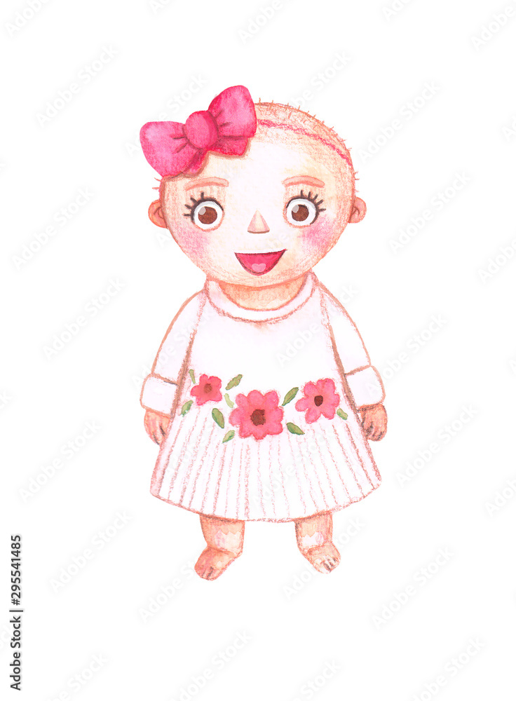 Watercolor character. cute one year old girl in a white dress with flowers and a red bow on her head