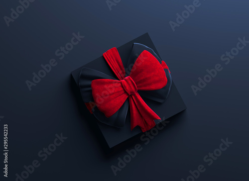 Black gift box with big red bow. Christmas box template black background. Luxury packaging collection. Present box top view. 3D Rendering.