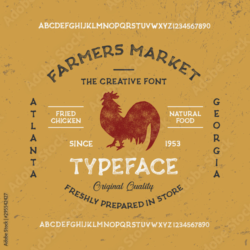 Farmers Market font. Original handmade alphabet. Vintage font design and poster. Custom typeface. Clean & Textured Versions Included. Vector.