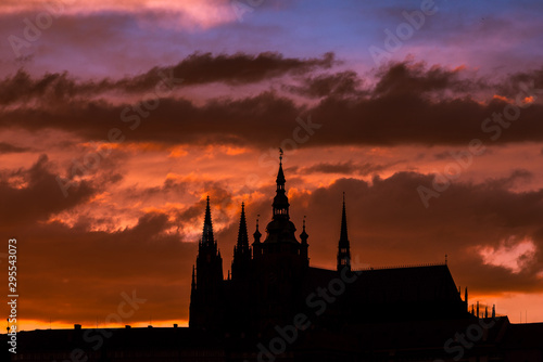 silhouette of st vitus cathedral at sunset