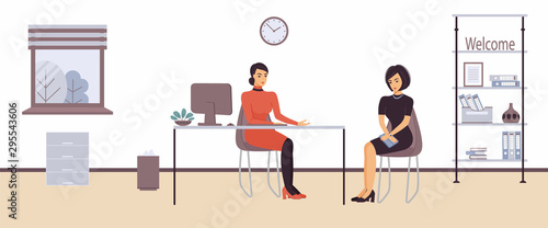 HR interview, talking with a job applicant. Female recruiter holds a corporate meeting with young woman as a candidate to be hired, ask. Office interior.Vector flat style cartoon illustration