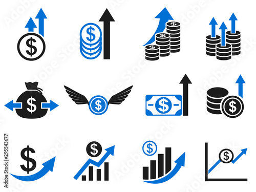 Currency growth icon set, capital increase, stock price growth, savings accumulation, dollar rate increase – stock vector