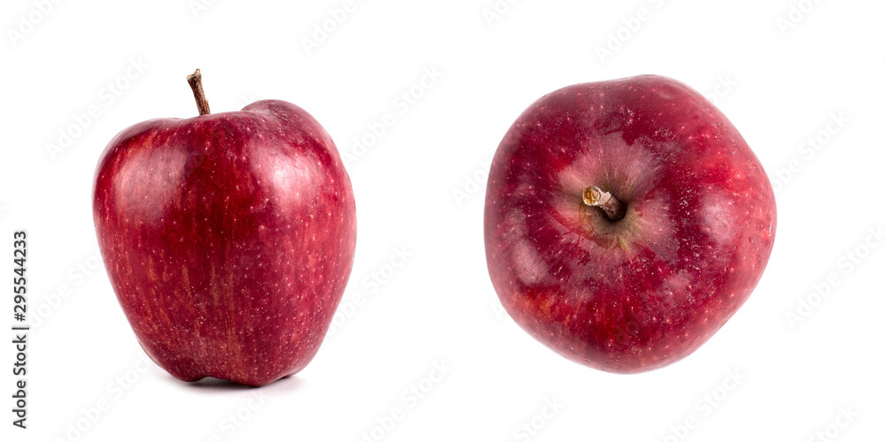 Two red ripe apples, perfect isolate on a white background, harvesting design. Two red ripe apples, perfect isolate on a white background, harvesting design.