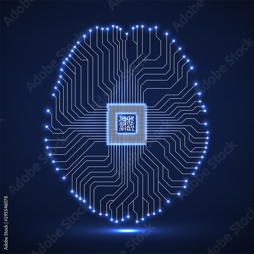 Abstract neon technological brain, artificial intelligence with cpu, circuit board