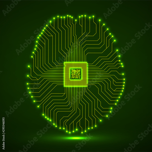 Abstract neon technological brain, artificial intelligence with cpu, circuit board