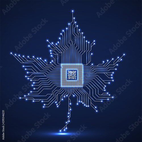 Abstract neon maple leaf with microprocessor inside, circuit board