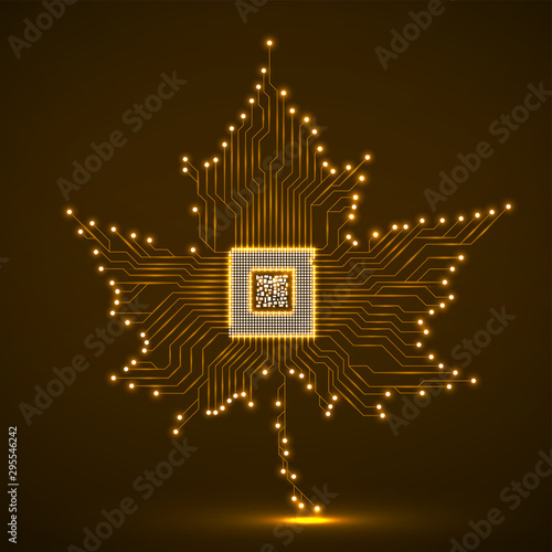 Abstract neon maple leaf with microprocessor inside, circuit board