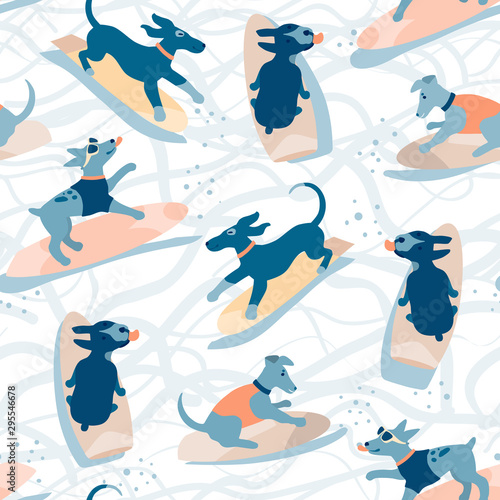 Surfing dogs riding the waves. Hand drawn seamless vector pattern.
