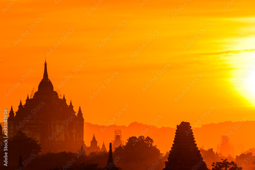 Sunset at Bagan, Myanmar with temples in the Archaeological Park, Burma. Sunrise