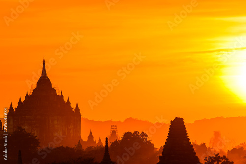 Sunset at Bagan  Myanmar with temples in the Archaeological Park  Burma. Sunrise