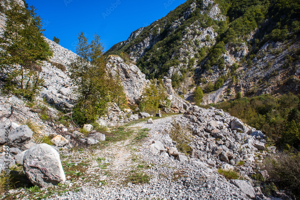 Footpath next to the rocks and mountains and Una river in village Martin Brod in Bosnia and Herzegovina Footpath next to the rocks and mountains and Una river in village Martin Brod in Bosnia and Herzegovina