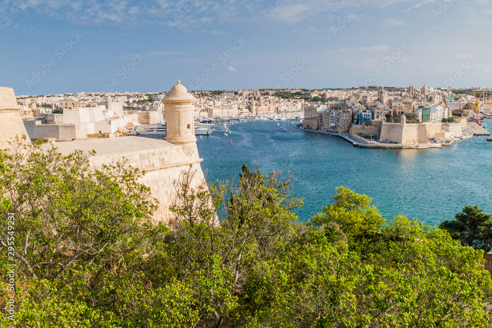 View over Grand Harbour from Herbert Ganado Gardens in Valletta, Malta