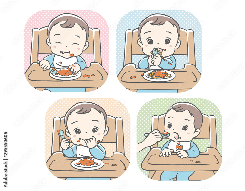 Baby eating baby food. Vector illustration. Baby eating baby food. Vector illustration.