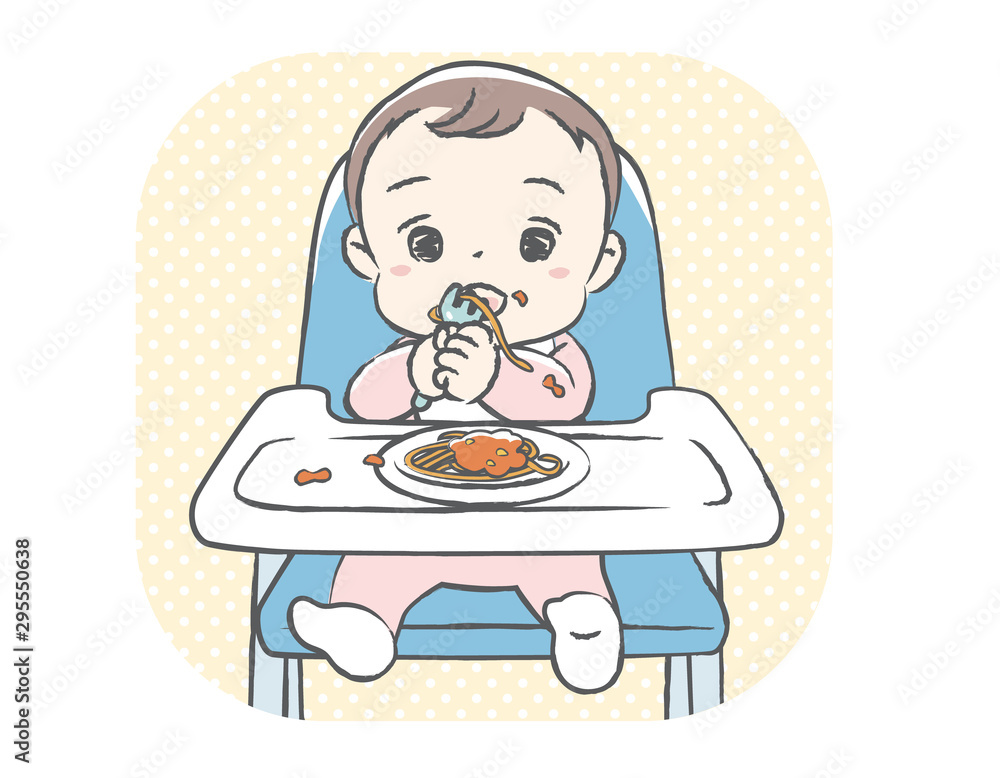 Baby eating baby food. Vector illustration. Baby eating baby food. Vector illustration.