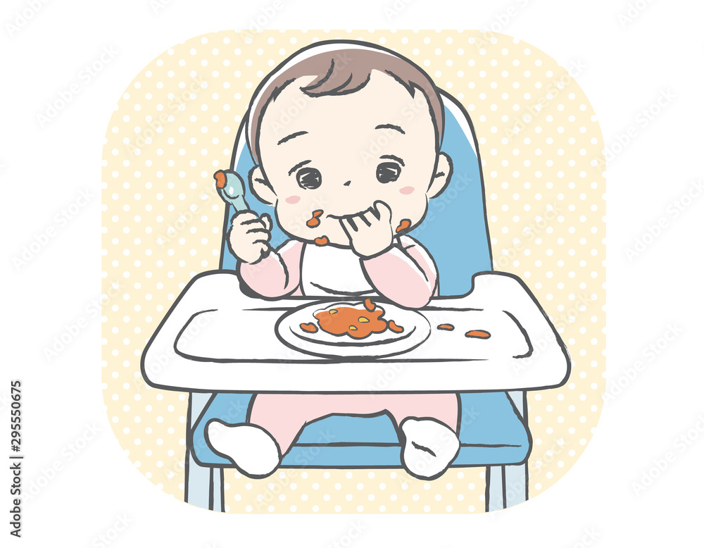 Baby eating baby food. Vector illustration. Baby eating baby food. Vector illustration.