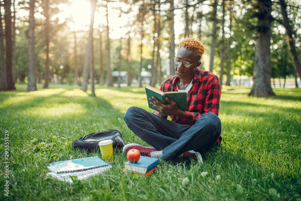 Fototapeta premium Black student in glasses reading book on the grass