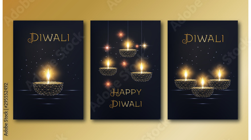 Happy diwali posters template set with golden glowing low poly oil lamp diya on black background.