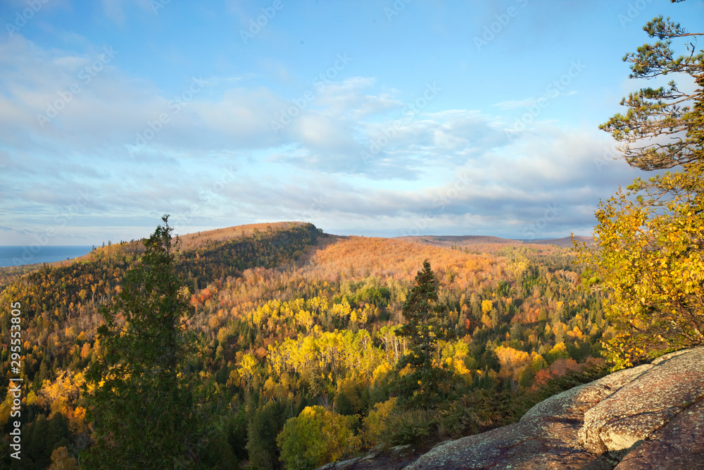 Early morning view of hills along Lake Superior in the fall