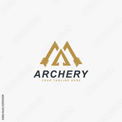 Archery logo design vector. Letter M and bow abstract symbol. Archery sport vector icon.