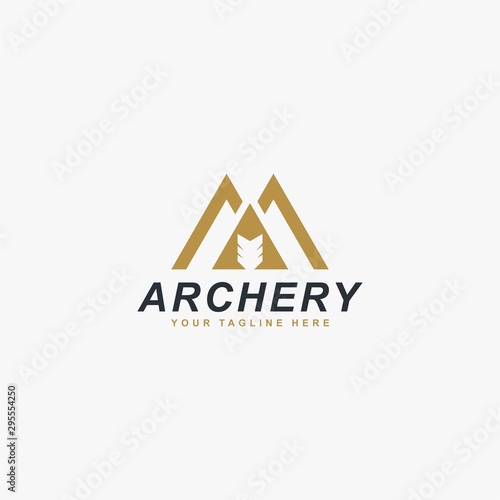 Archery logo design vector. Letter M and bow abstract symbol. Archery sport vector icon.