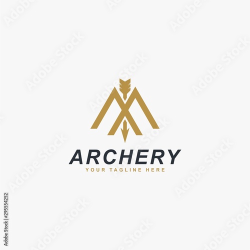 Archery logo design vector. Letter M and bow abstract symbol. Archery sport vector icon.