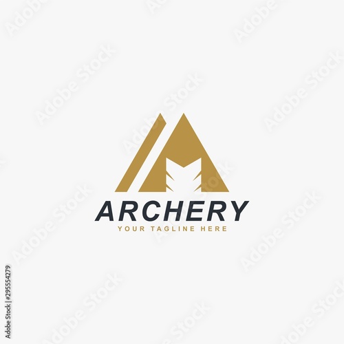 Archery logo design vector. Letter M and bow abstract symbol. Archery sport vector icon.