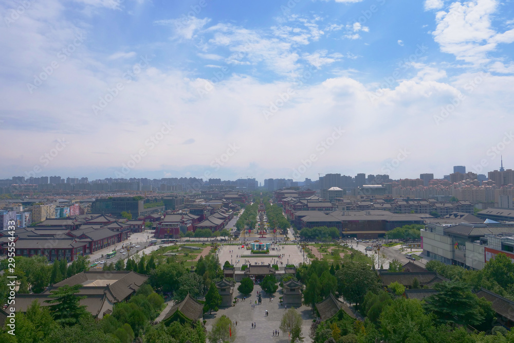 Beautiful landscape view of Xian China from Famous Chinese ancient Buddhist architecture window of Dayan Pagoda