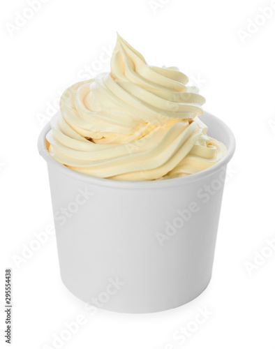 Cup with tasty frozen yogurt on white background