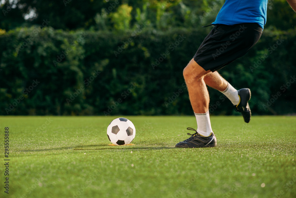 Obraz premium Male soccer player hits the ball on the field