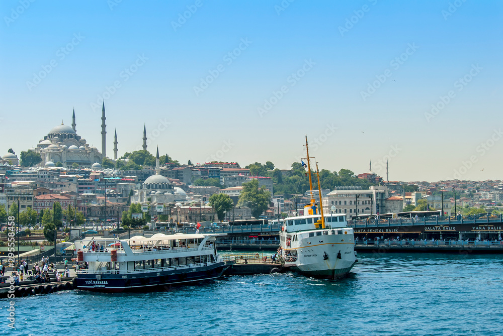 Istanbul, Turkey, 29 June 2019: Eminonu city ​​lines ship port and ships.