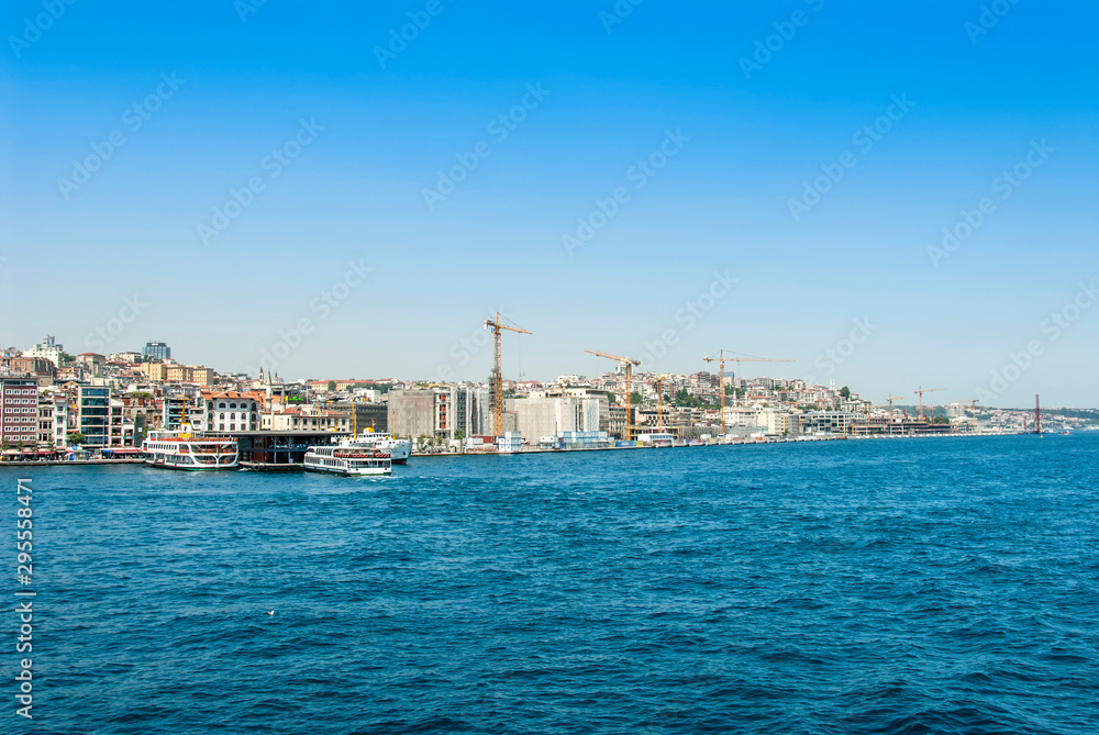 Istanbul, Turkey, 29 June 2019: Karakoy Galata Port and city ​​lines ships.