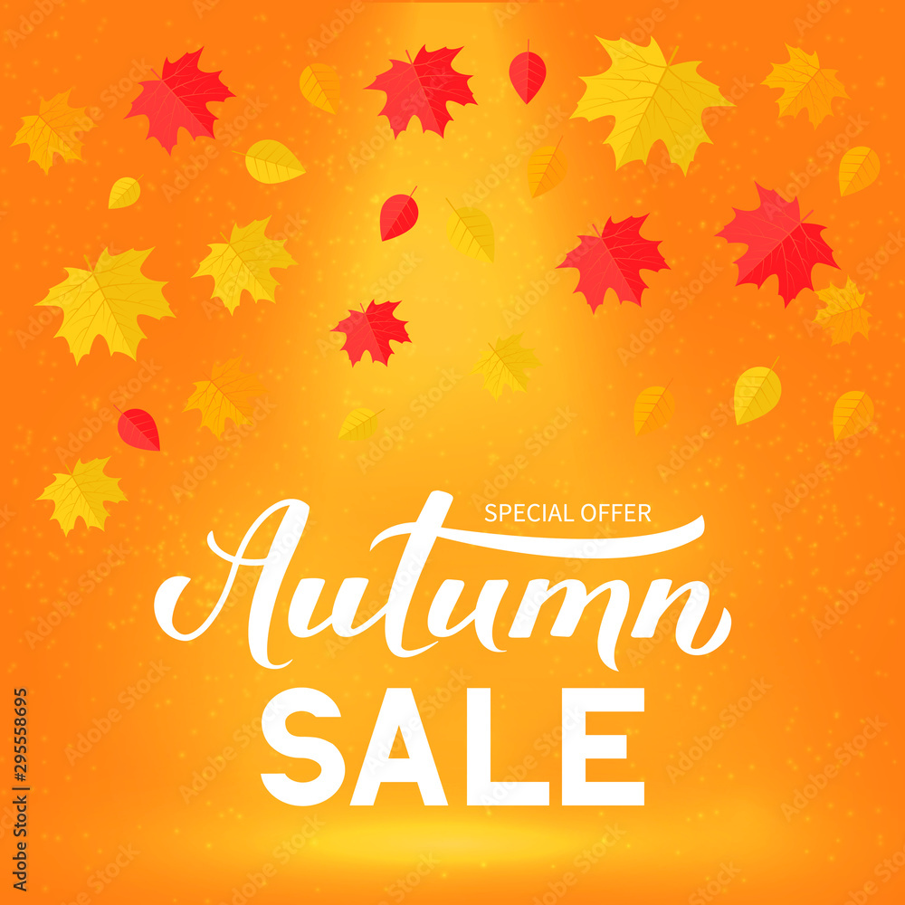 Autumn Sale calligraphy hand lettering with colorful fall leaves. Seasonal discount promotion banner. Easy to edit vector template for advertising poster, flyer, card, tag, label, etc.