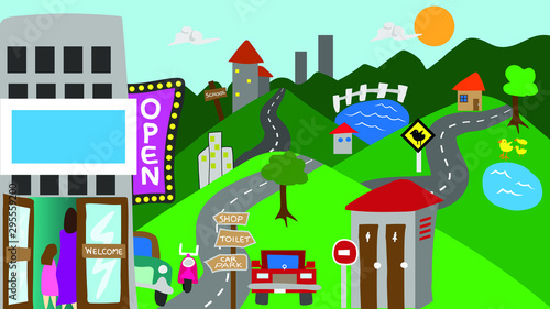 The cartoon picture of the country town landscape in the children flat art style.