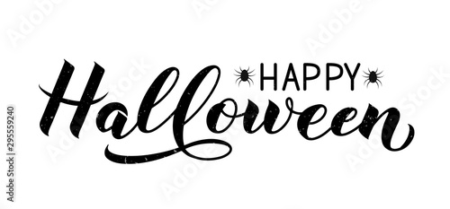 Happy Halloween calligraphy hand lettering with silhouette of spiders and texture. Easy to edit vector template for greeting card, banner, typography poster, party invitation, t-shirt, etc.