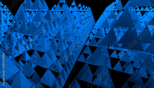 Sierpinski triangle texture on black background. It is a fractal with the overall shape of an equilateral triangle, subdivided recursively into smaller equilateral triangles. 3D Illustration photo