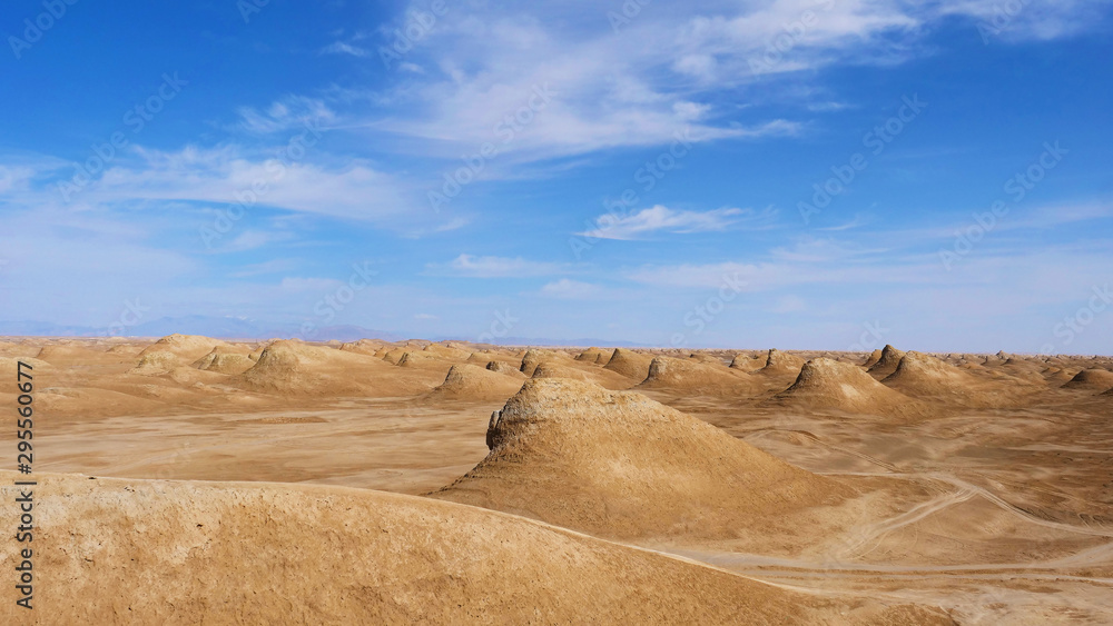 Beautiful landscape view of Yardang landform and sunny blue sky in Dunhuang Gansu China
