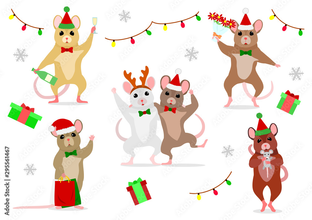 set of cute mice at Christmas party set of cute mice at Christmas party