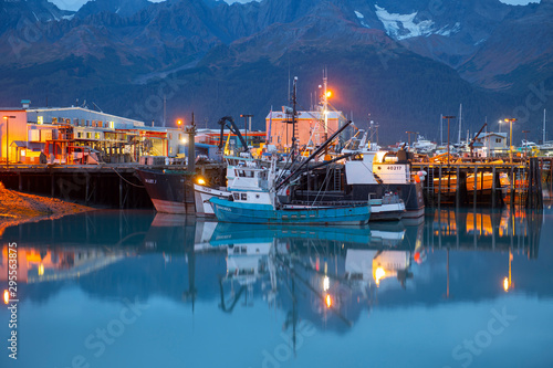Seward Boat Harbor and waterfront at night, Seward, Kenai Peninsula, Alaska, AK, USA. photo