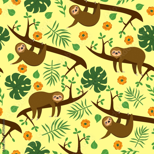 Seamless pattern with sloths in the jungle. Vector graphics.