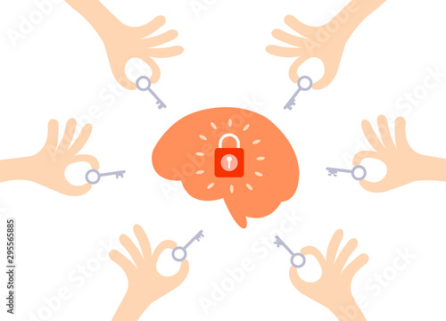 The brain that has the key locked with hand hold the keys around isolated on white background.